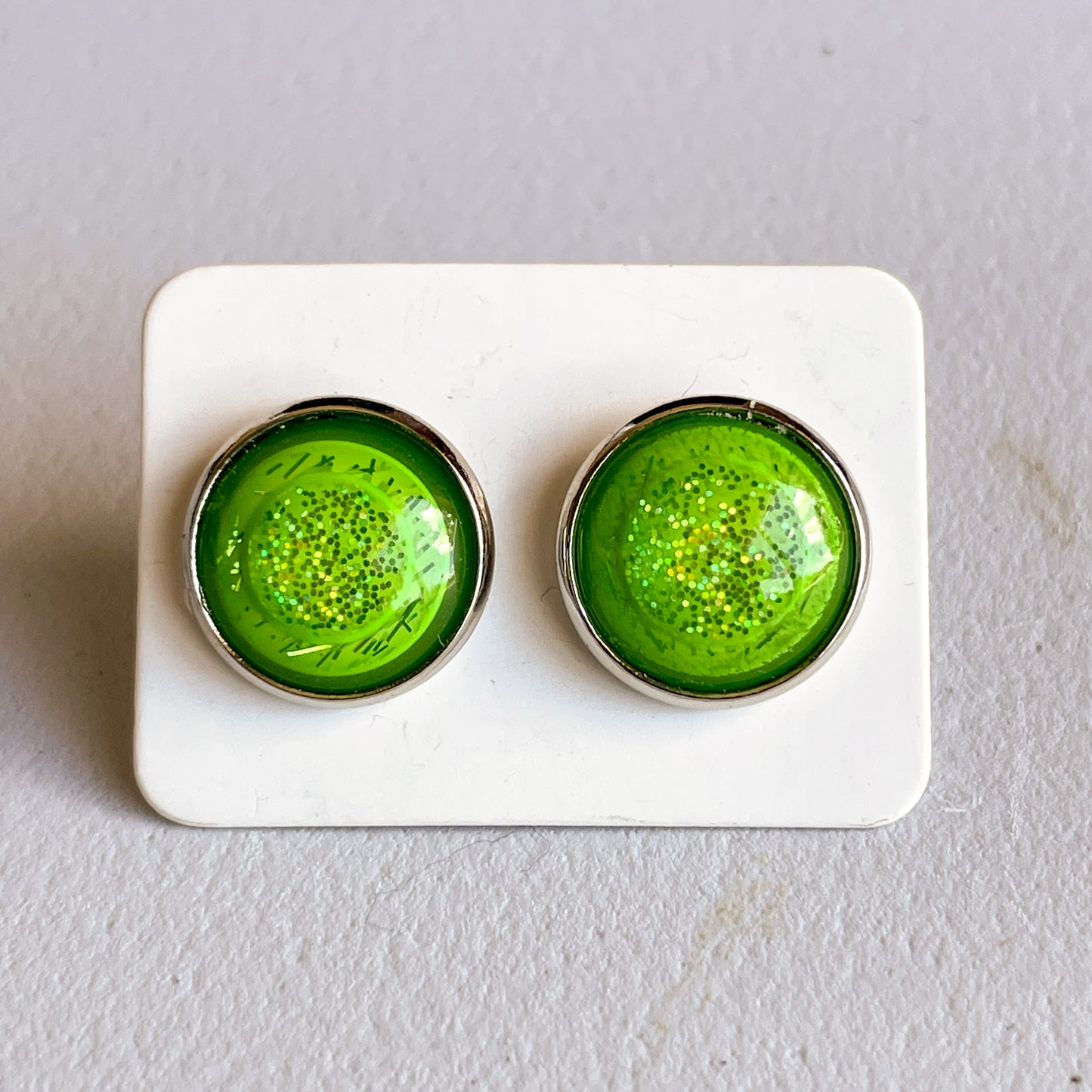 Green Glitter Center Katelyn Style Earrings |12 MM Round Studs | Round Stud Earrings