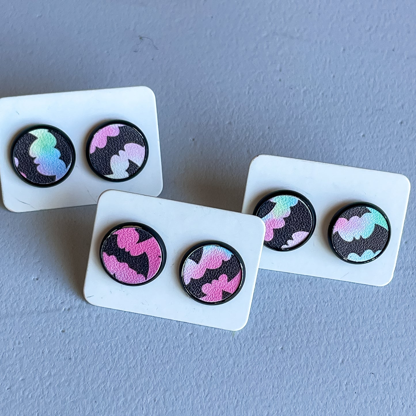 Rainbow Bats Katelyn Style Earrings |12 MM Round Studs | Halloween Round Stud Earrings
