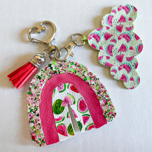 Watermelon Rainbow Keychain | Glitter Canvas and Faux Leather Handmade Keychain | Backpack Lunchbox Keychains
