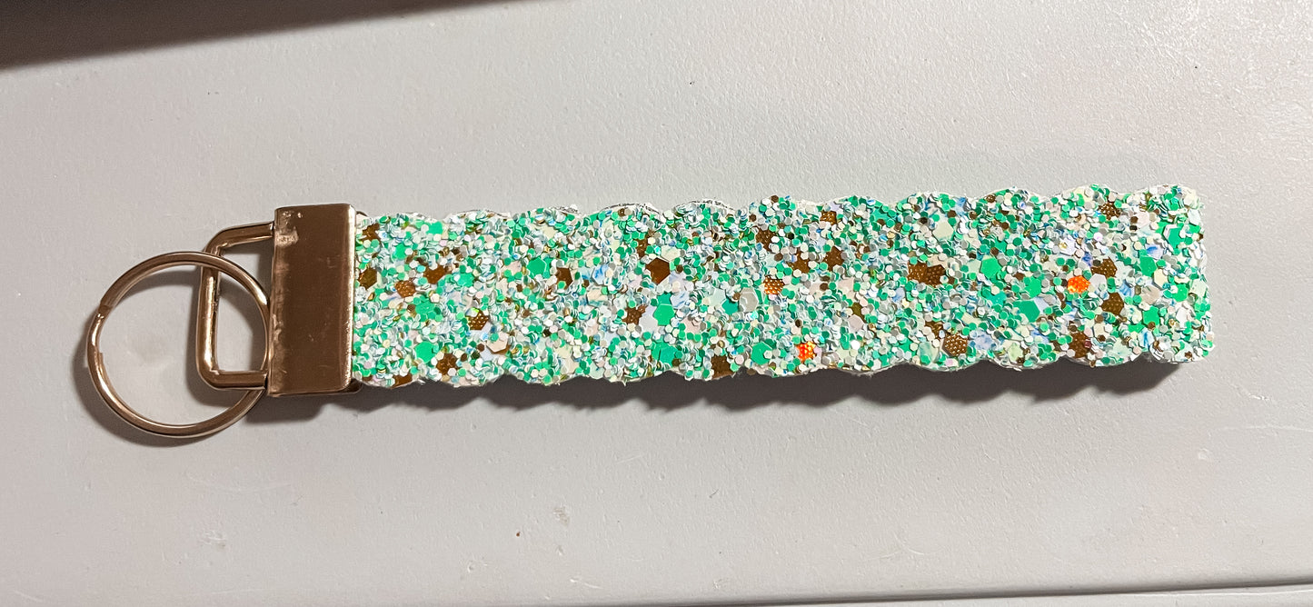 Aqua, White, and Gold Glitter Canvas Faux Leather Key Chain | Keychain Wristlets | Plain Keychain Wristlet