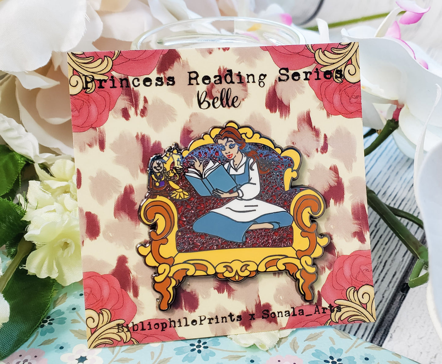 Belle Reading to Lumiere and Cogsworth in Chair SERIES Enamel Pin - bibliophileprints