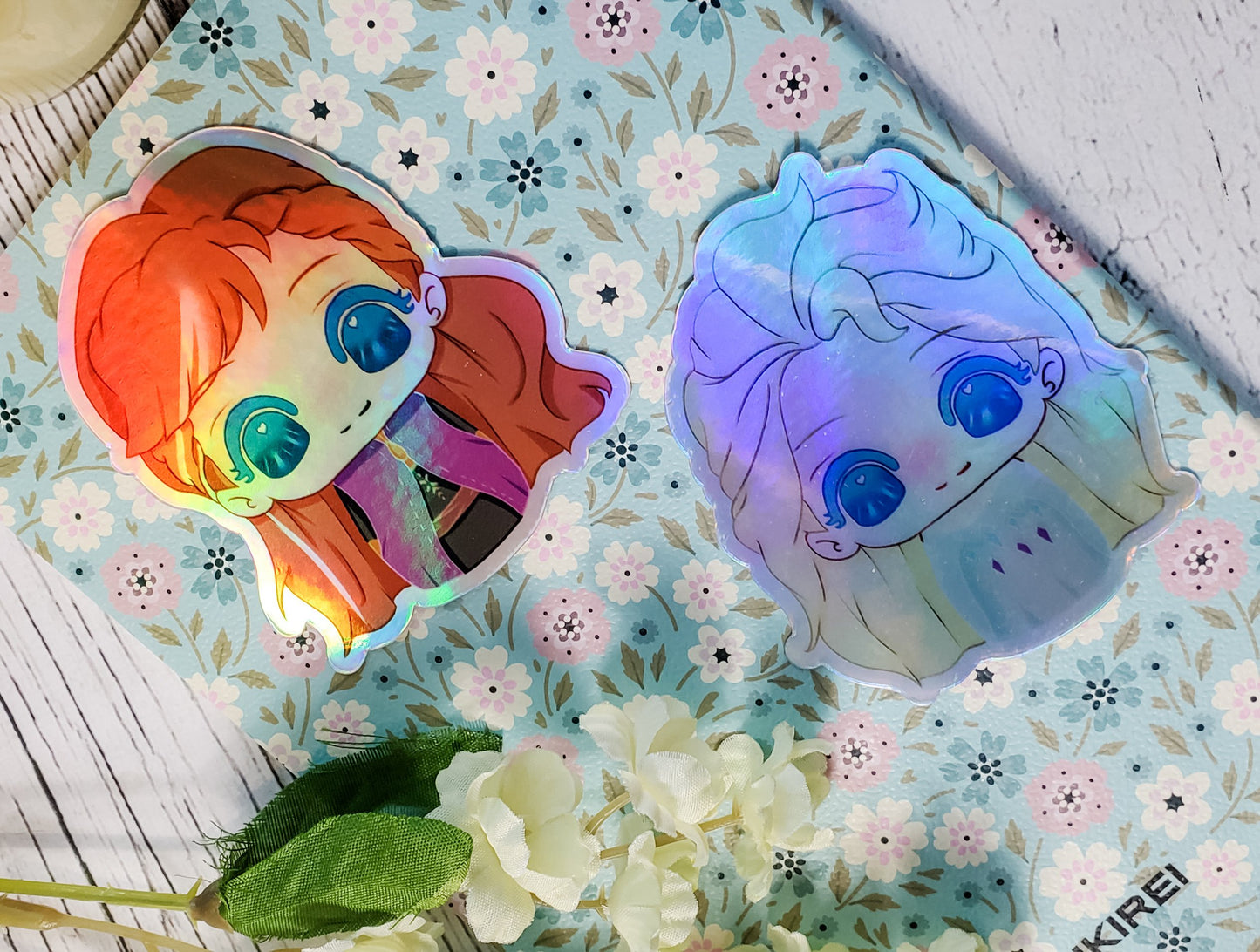 Chibi Dolls Anna and Elsa - Holographic Vinyl Stickers - bibliophileprints