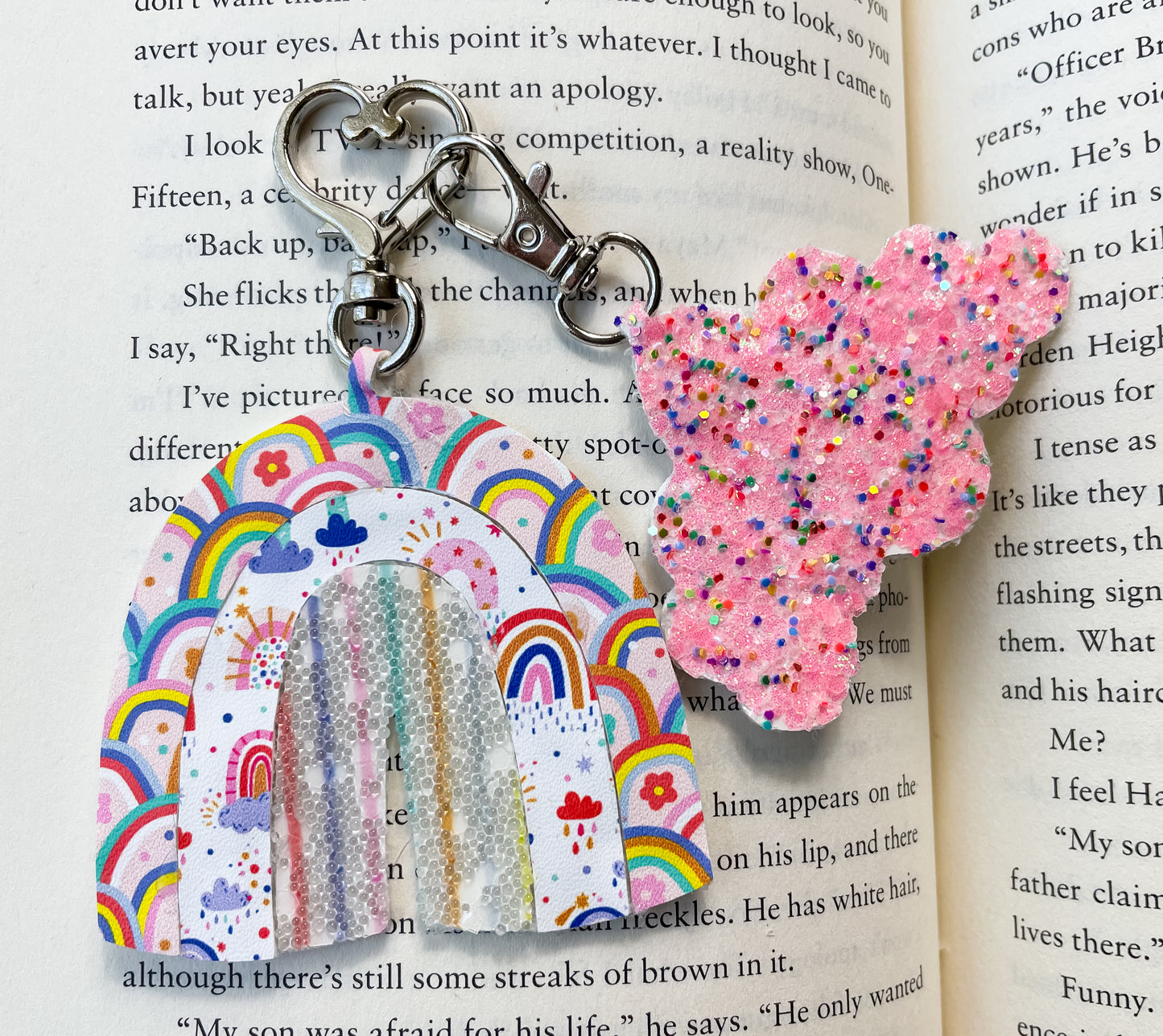 Rainbows and Rain Rainbow Keychain | Glitter Canvas and Faux Leather Handmade Keychain | Backpack Lunchbox Keychains