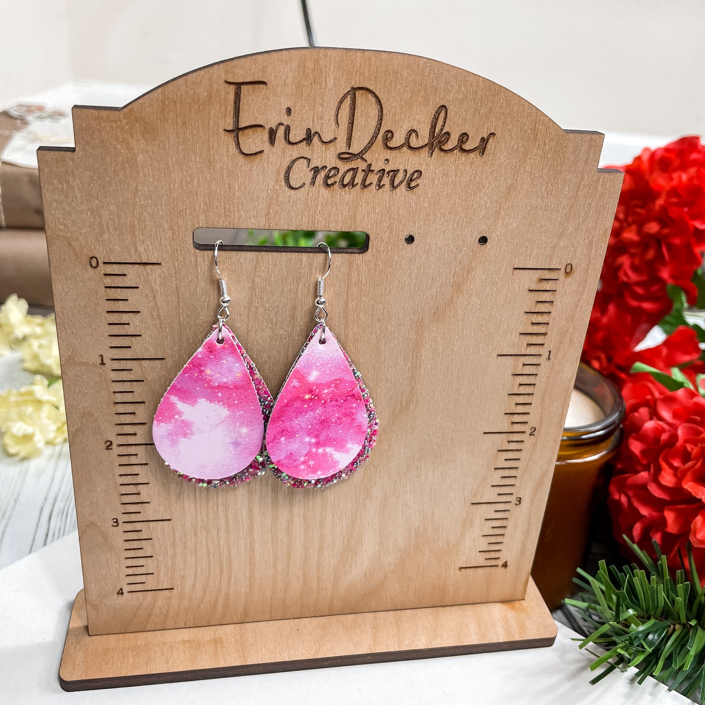 Hot Pink Galaxy Earrings | Emily Style Dangle Earrings | Layered Teardrop Shape