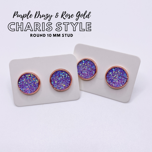 Charis Style 10 MM Stud Earrings - Purple Druzy in Rose Gold Setting