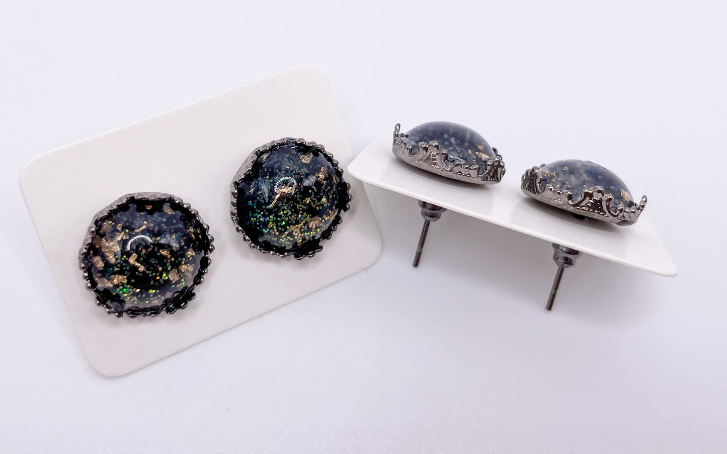 Black and Gold Glitter Crown Katelyn Style Earrings |12 MM Round Studs | Round Stud Earrings
