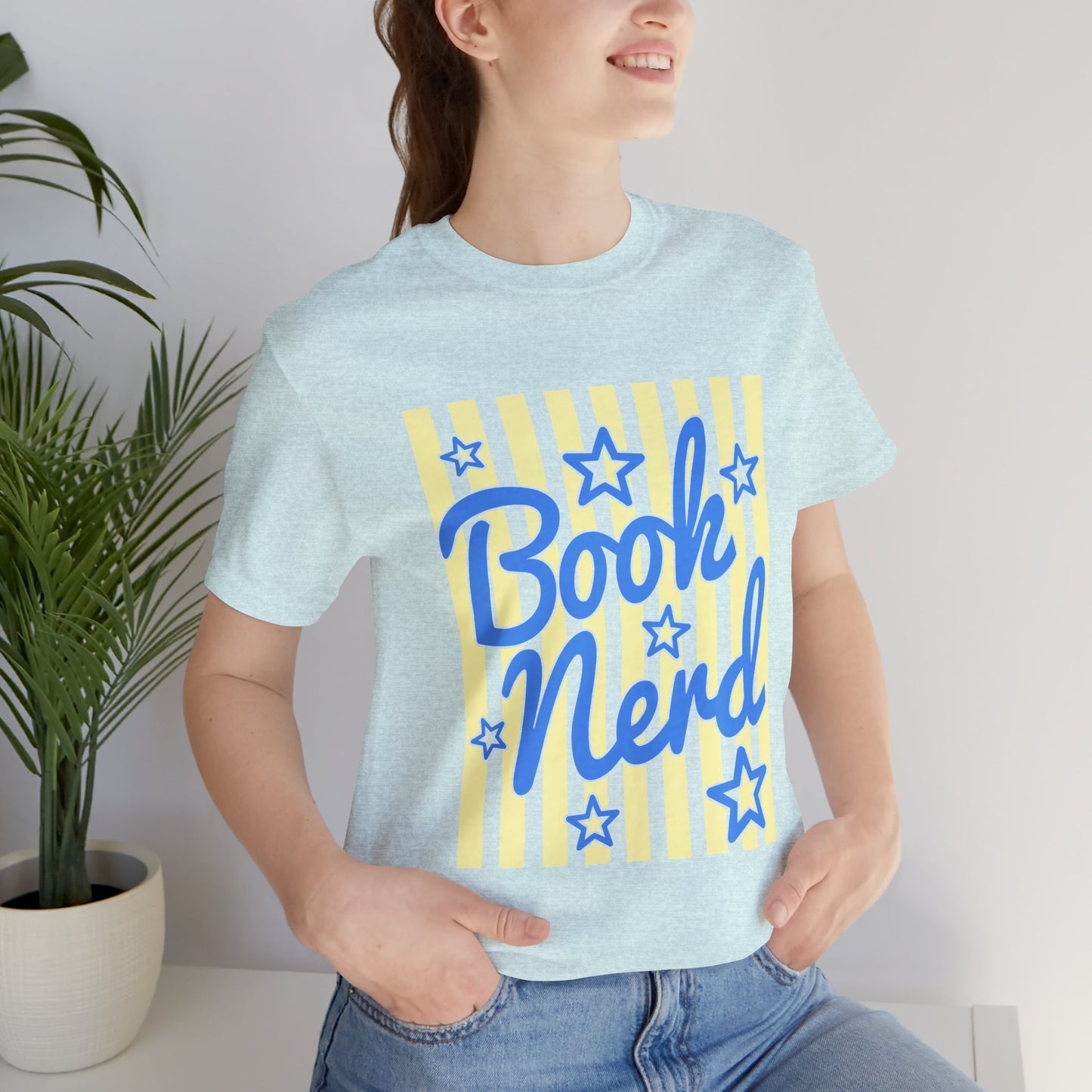 Book Nerd Coquette Tee — Blue & Yellow Literary Graphic T-Shirt
