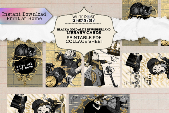 Black & Gold Alice in Wonderland Library Card Printables | Ephemera, Junk Journaling | DIGITAL PDF FILE, NO ITEM SHIPPED (Copy) (Copy) (Copy)