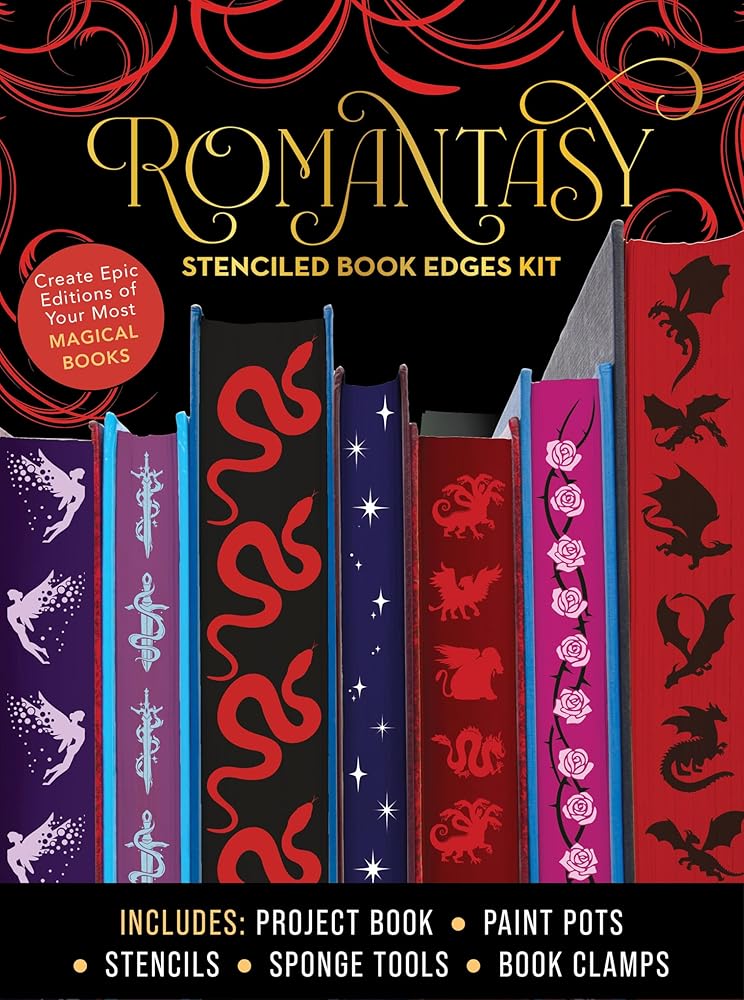 Romantasy Stenciled Book Edges Kit: Create Epic Editions of Your Most Magical Books - Includes: Project Book, Paint Pots, Stencils, Sponge Tools, Book Clamps cover image