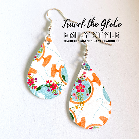 Travel the Globe Emily Style1 Layer Dangle Earrings | Emily Style Dangle Earrings | Layered Teardrop Shape | Teal Floral Globes