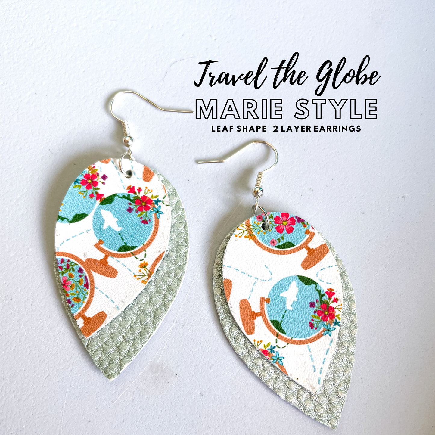 Travel the Globe Marie Style 2 Layer Dangle Earrings | Marie Style Dangle Earrings | Layered Teardrop Shape | Teal Floral Globes