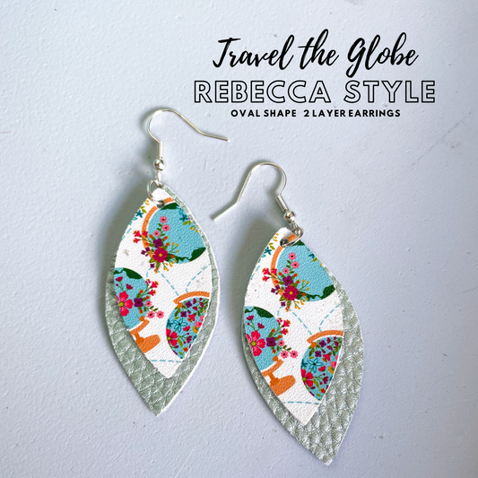 Travel the Globe Rebecca Style 2 Layer Dangle Earrings | Rebecca Style Dangle Earrings | Layered Oval Shape | Teal Floral Globes