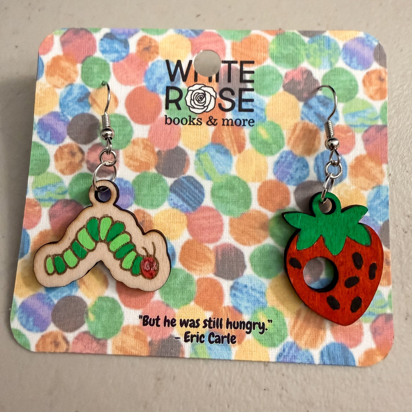 Handpainted Wood Laser Cut Earrings | Caterpillar & Strawberry Kid's Storybook Characters | White Rose Books & More