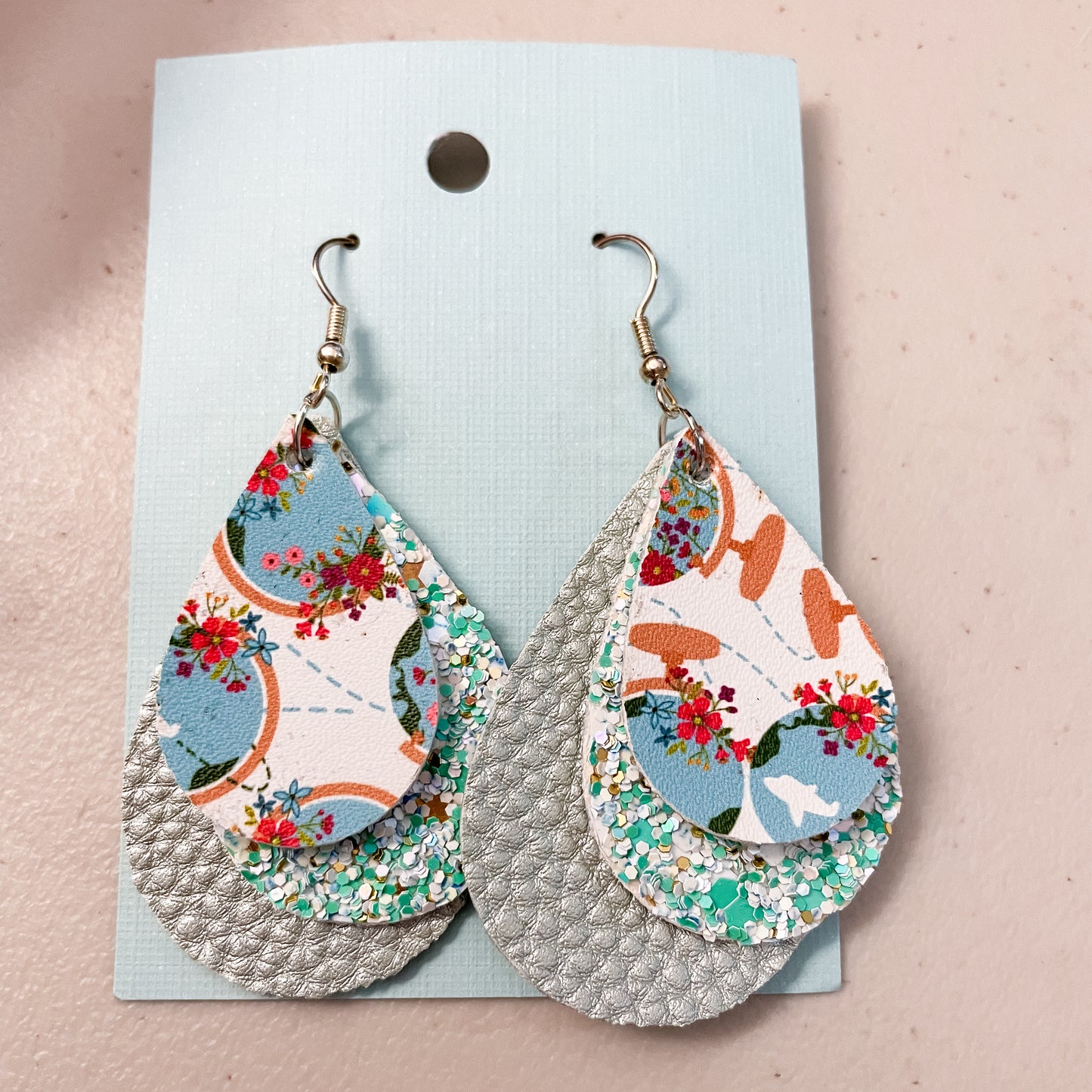 Travel the Globe Emily Style 3 Layer Dangle Earrings | Emily Style Dangle Earrings | Layered Teardrop Shape | Teal Floral Globes