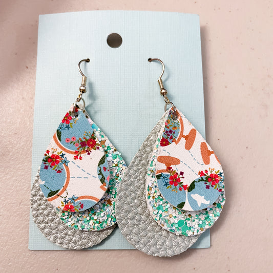 Travel the Globe Emily Style 3 Layer Dangle Earrings | Emily Style Dangle Earrings | Layered Teardrop Shape | Teal Floral Globes