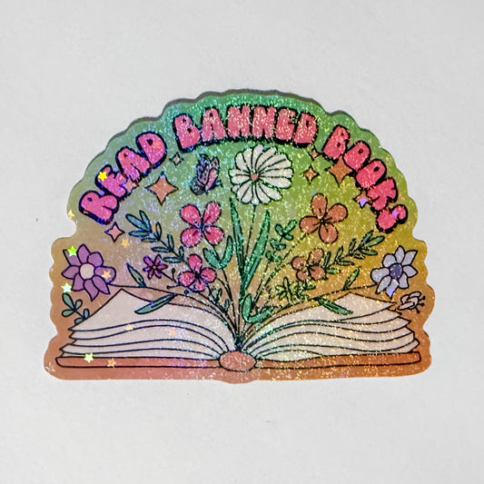 Read Banned Books Sparkle Waterproof, Weatherproof Sticker