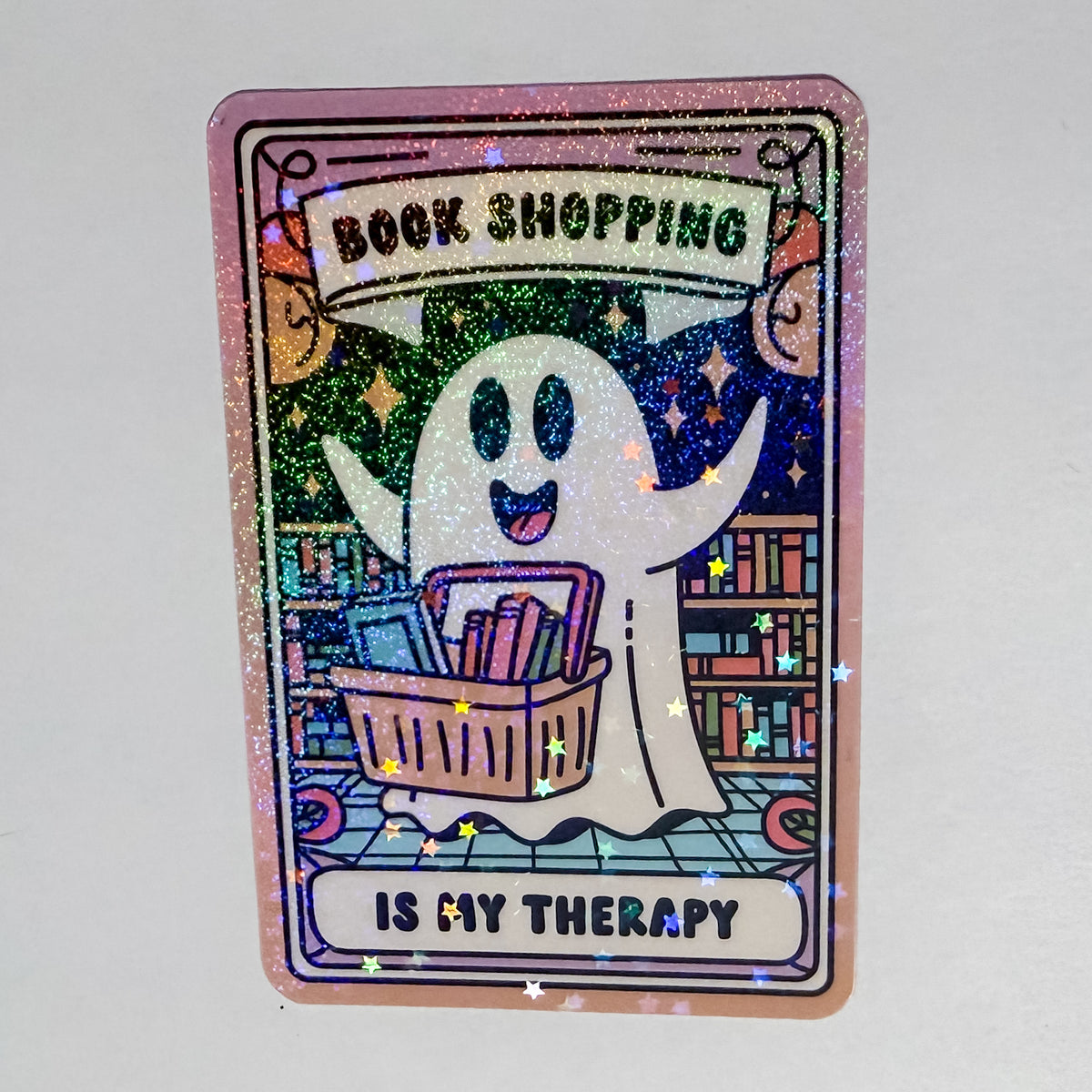 Book Shopping is My Therapy Ghost Sparkle Waterproof, Weatherproof Sticker