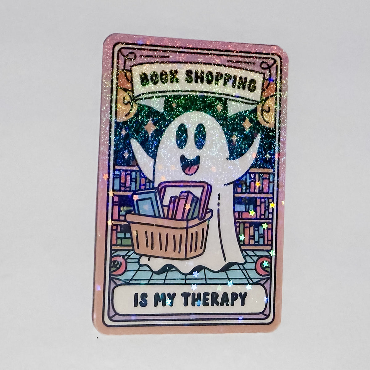Book Shopping is My Therapy Ghost Sparkle Waterproof, Weatherproof Sticker
