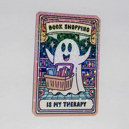 Book Shopping is My Therapy Ghost Sparkle Waterproof, Weatherproof Sticker