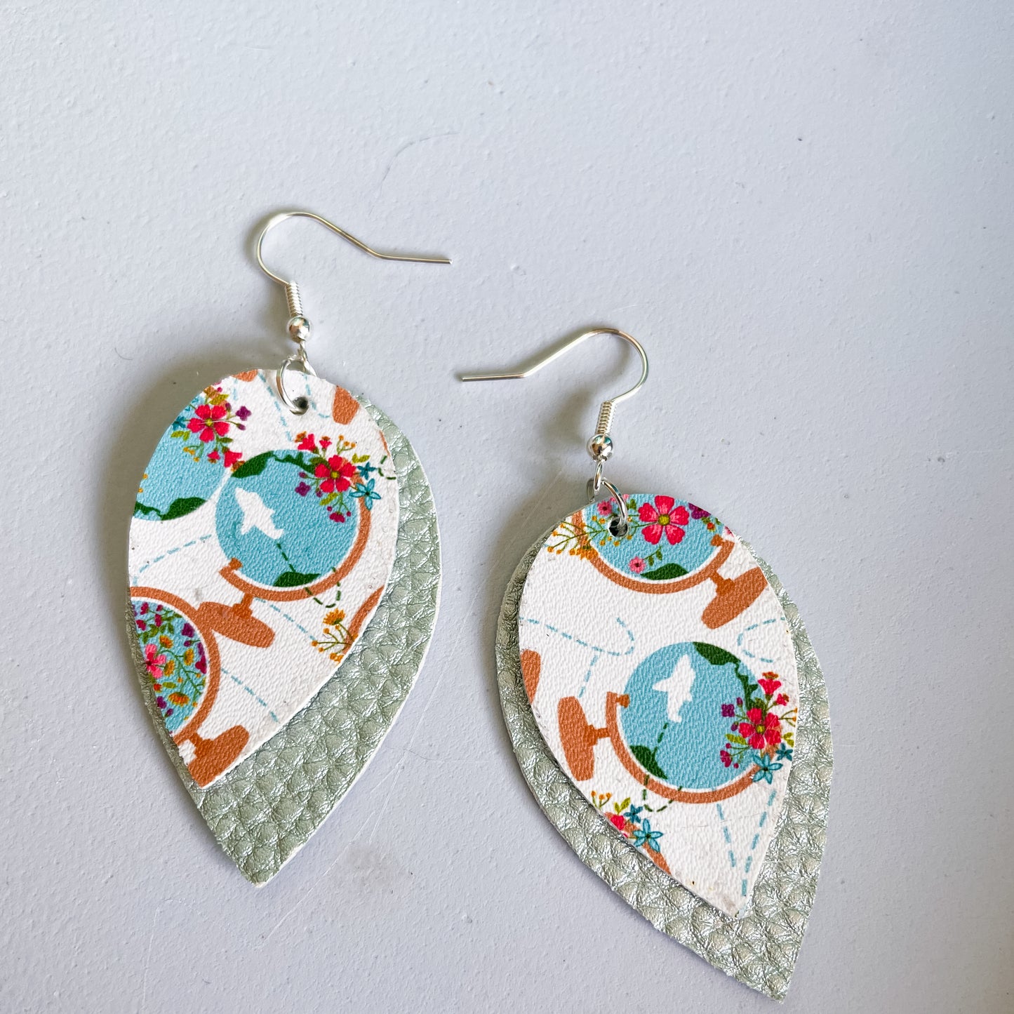 Travel the Globe Marie Style 2 Layer Dangle Earrings | Marie Style Dangle Earrings | Layered Teardrop Shape | Teal Floral Globes