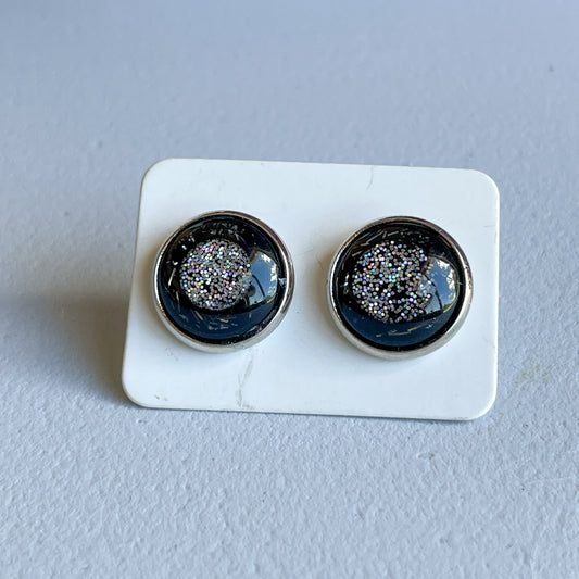 Black and Silver Center Katelyn Style Earrings |12 MM Round Studs | Round Stud Earrings