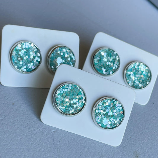 Teal Glitter Katelyn Style Earrings |12 MM Round Studs | Round Stud Earrings