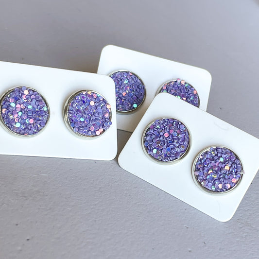 Purple Glitter Katelyn Style Earrings |12 MM Round Studs | Round Stud Earrings