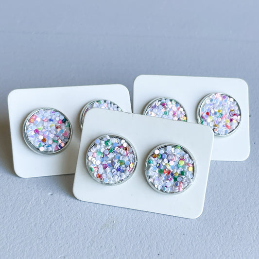 Rainbow Glitter Katelyn Style Earrings |12 MM Round Studs | Round Stud Earrings