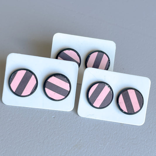 Pink and Black Stripes (Glow in the Dark) Katelyn Style Earrings |12 MM Round Studs | Halloween Round Stud Earrings