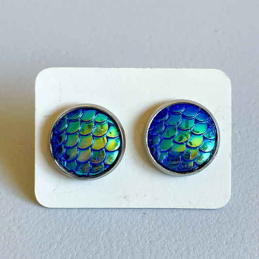 Blue Mermaid Scales Katelyn Style Earrings |12 MM Round Studs | Valentine Round Stud Earrings