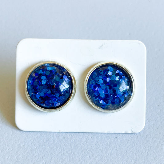 Blue Glitter Resin Katelyn Style Earrings |12 MM Round Studs | Valentine Round Stud Earrings
