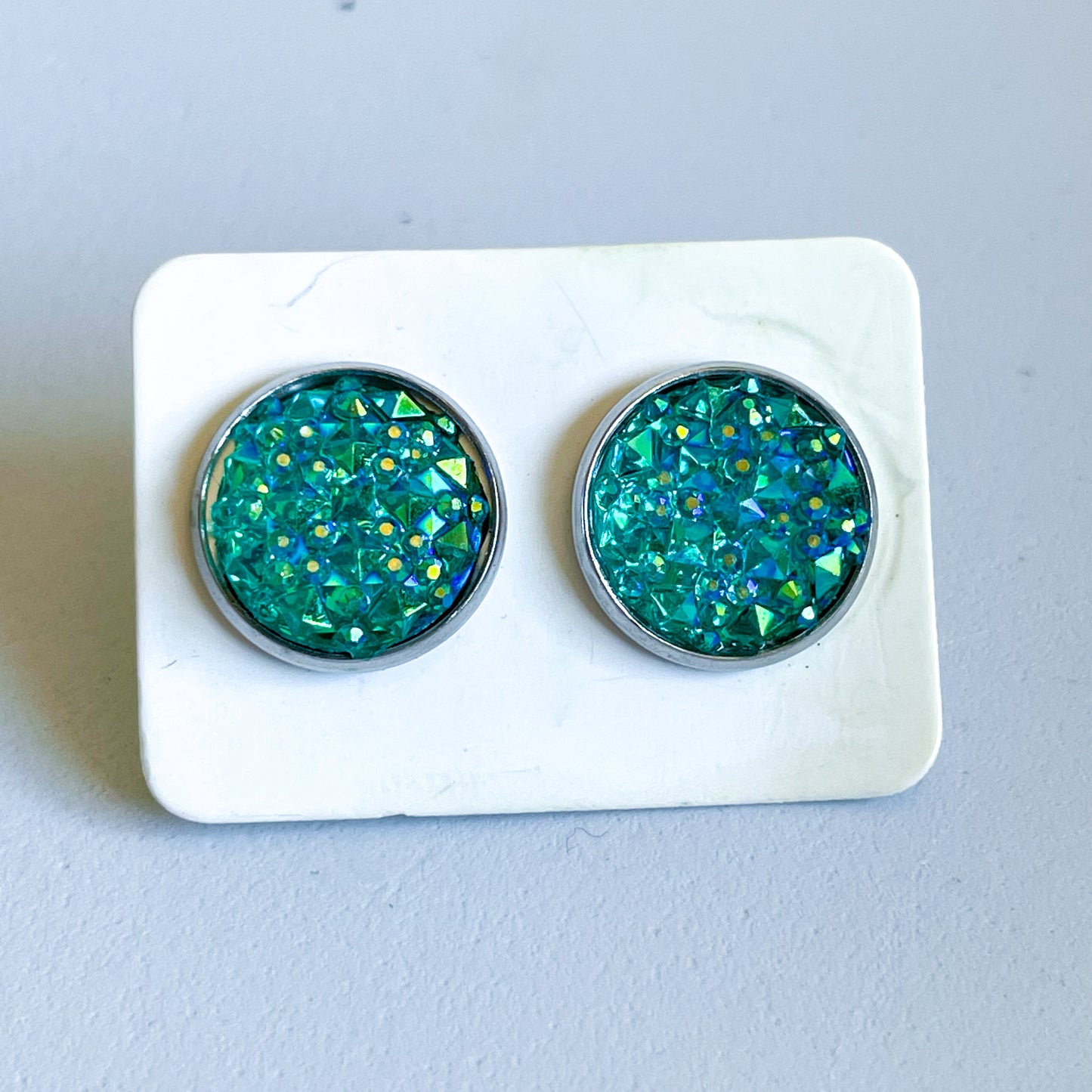 Blue Green Holographic Faux Gem Katelyn Style Earrings |12 MM Round Studs | Round Stud Earrings