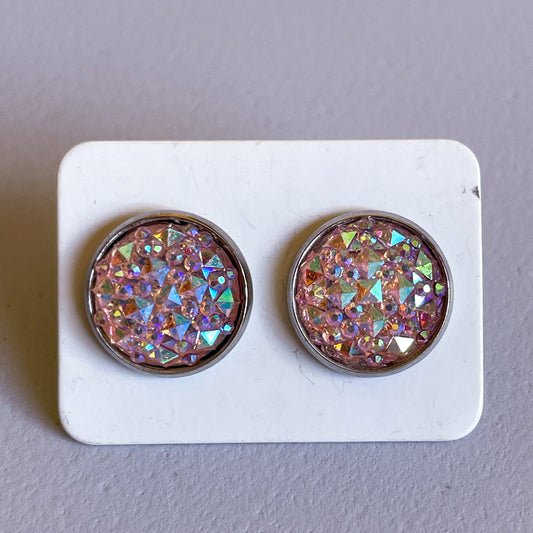Light Pink Holographic Faux Gem Katelyn Style Earrings |12 MM Round Studs | Round Stud Earrings