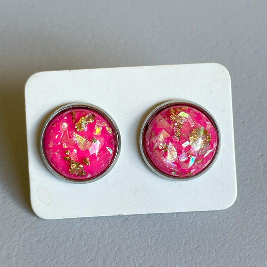 Hot Pink Gold Foil and Opal Pieces Katelyn Style Earrings |12 MM Round Studs | Round Stud Earrings