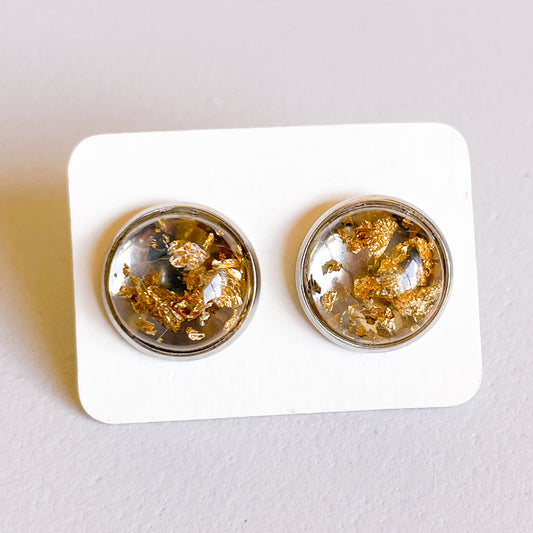 Clear Gold Foil Pieces Katelyn Style Earrings |12 MM Round Studs | Round Stud Earrings