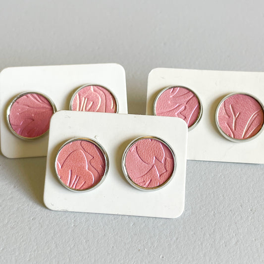 Pink Opal Floral Pattern Faux Leather Katelyn Style Earrings |12 MM Round Studs | Round Stud Earrings
