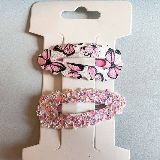 Pink Butterfly and Glittery Snap Clip Sets | Handmade Hair Accessories | Spring Inspired Hair Clips