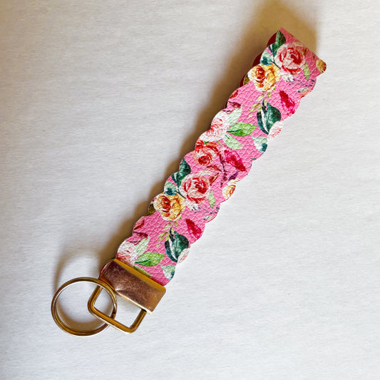 Vintage Roses on Pink Faux Leather Key Chain | Keychain Wristlets | Plain Keychain Wristlet