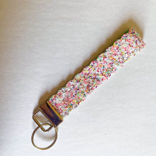 Pink and White Chunky Rainbow Glitter Faux Leather Key Chain | Keychain Wristlets | Plain Keychain Wristlet