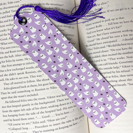 Cute Purple Ghosts Faux Leather Bookmark | Faux Vegan Leather Bookmarks