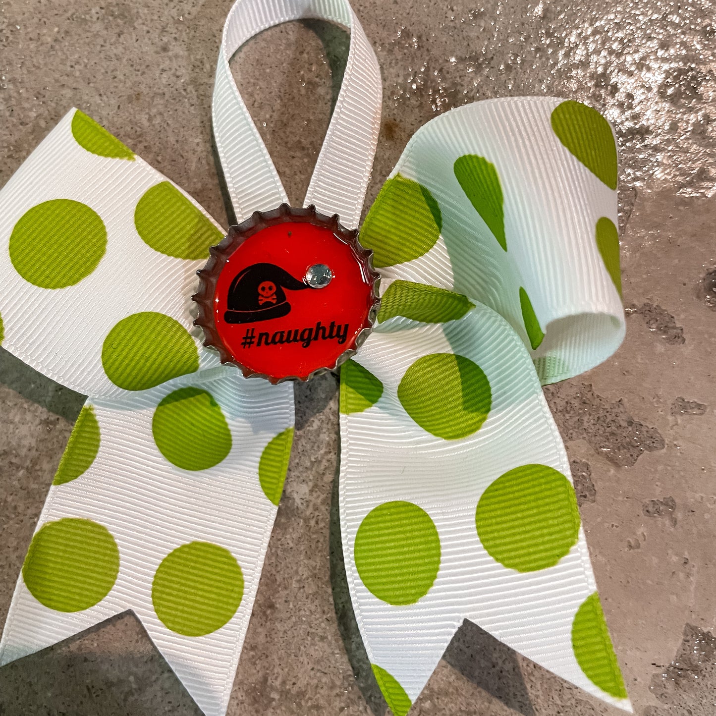 From Steph: #Naughty, Green Dots Pattern Ribbon Ornament