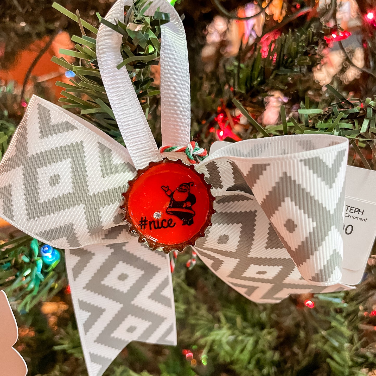 From Steph: #Nice Santa, Grey and White Pattern Ribbon Ornament