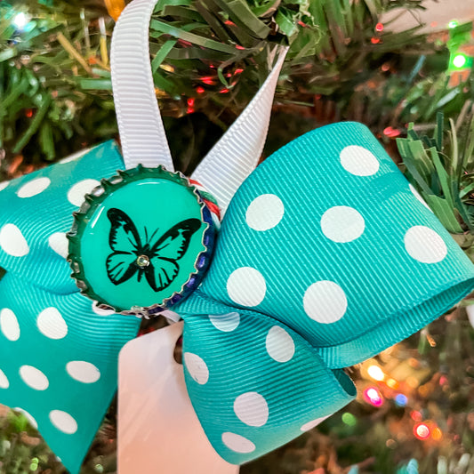 From Steph: Aqua Butterfly, Aqua Polkadot Pattern Ribbon Ornament