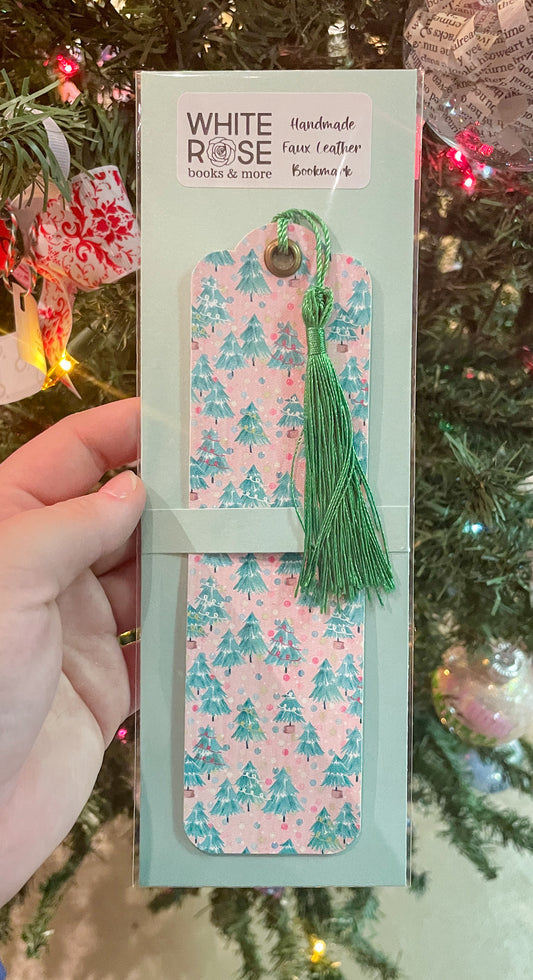 Pink Christmas Trees Faux Leather Bookmark | Faux Vegan Leather Bookmarks
