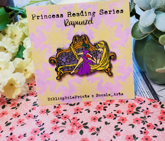 Rapunzel Reading with Pascal in Chair SERIES Enamel Pin - bibliophileprints