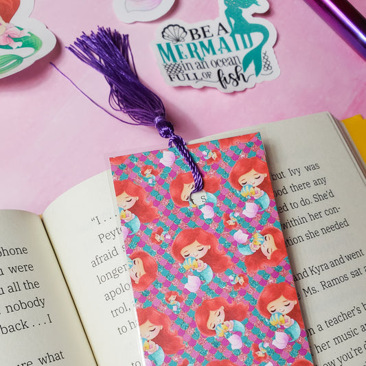 Cute Mermaid Princess and Fish Sidekick Laminated Bookmark with Tassel