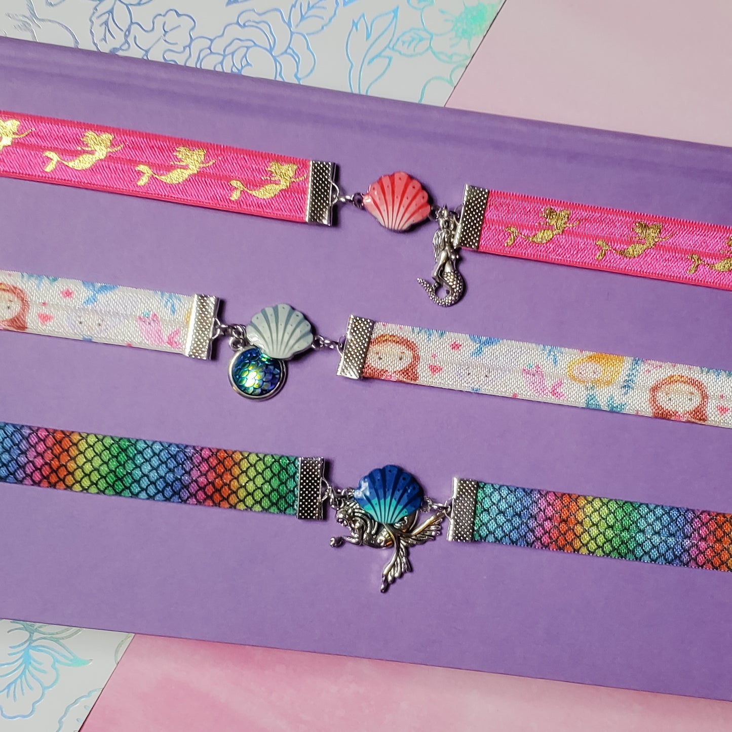 Mermaid and Seashell Inspired Elastic Bookmarks