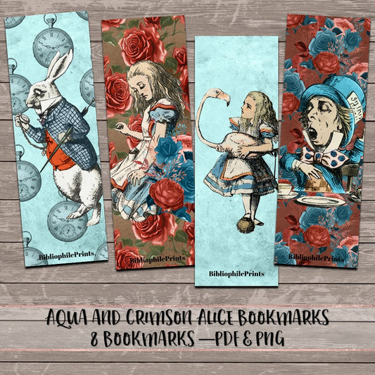 Aqua and Crimson Alice in Wonderland - Digital Bookmarks