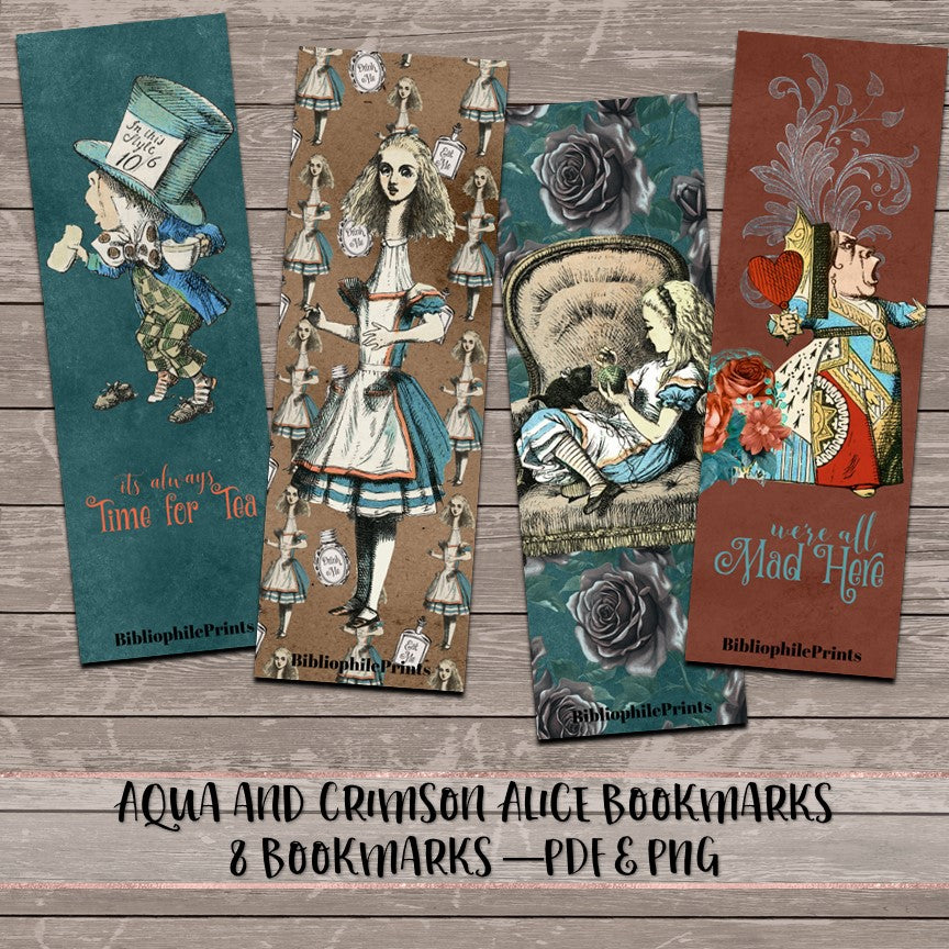 Aqua and Crimson Alice in Wonderland - Digital Bookmarks