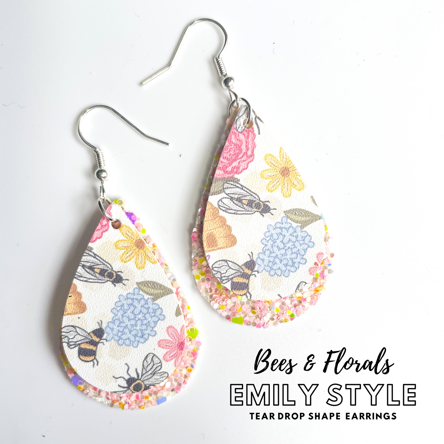 Bees and Florals Emily Style 2 Layer Dangle Earrings | Emily Style Dangle Earrings | Layered Teardrop Shape | Pink Honeycomb